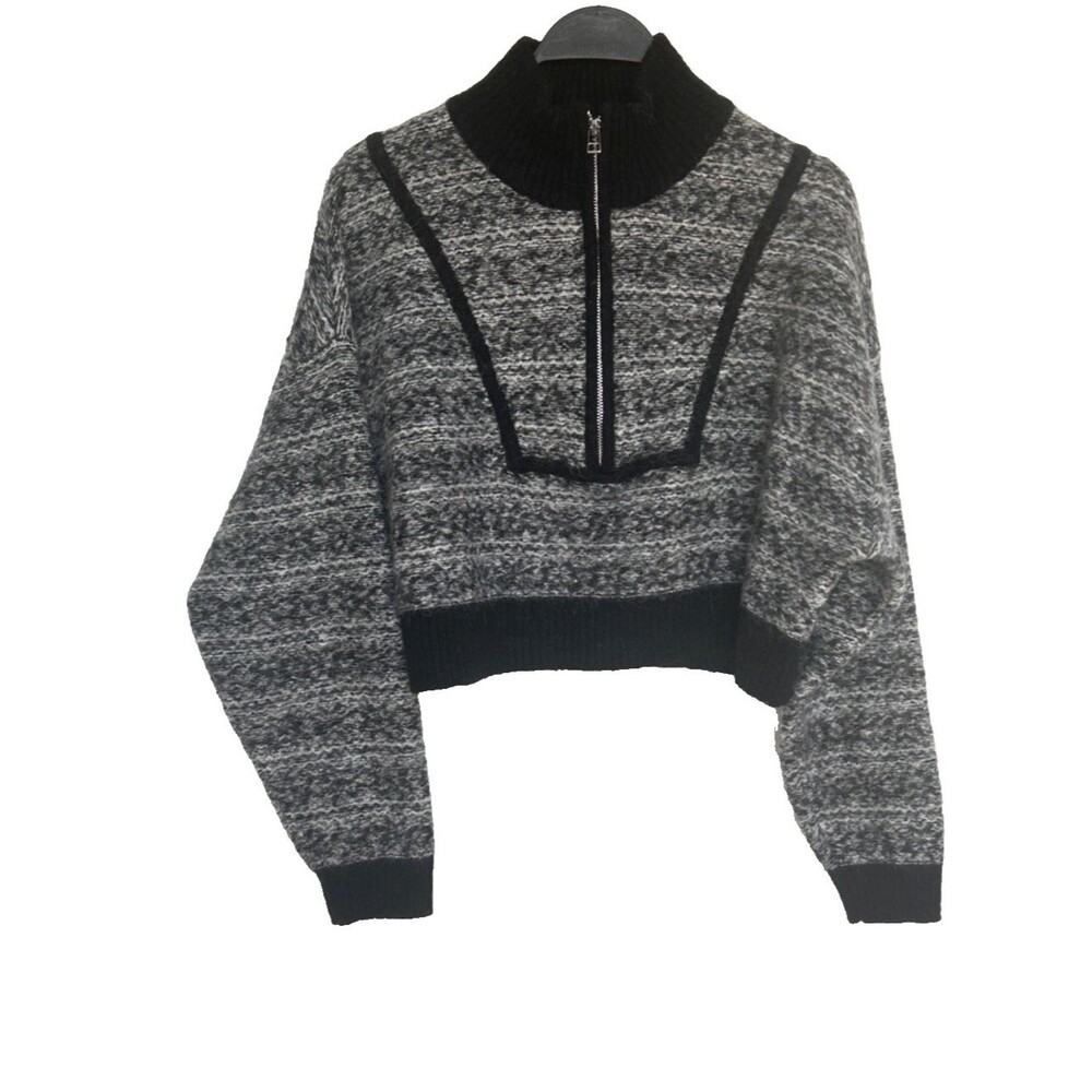 Staud Women's Hampton Patterned Half Zip Crop Sweater Black Gray Knit Size M